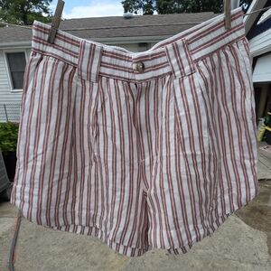Madewell women shorts linen blend rust stripe L summer paper bag curve hem
